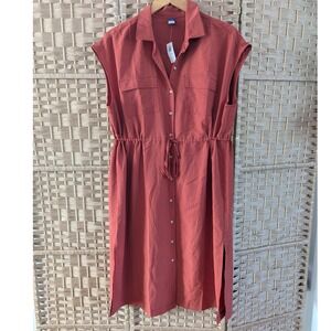 Old Navy Button Front Sleeveless Utility Shirt Dress Rust Orange Midi Size LP